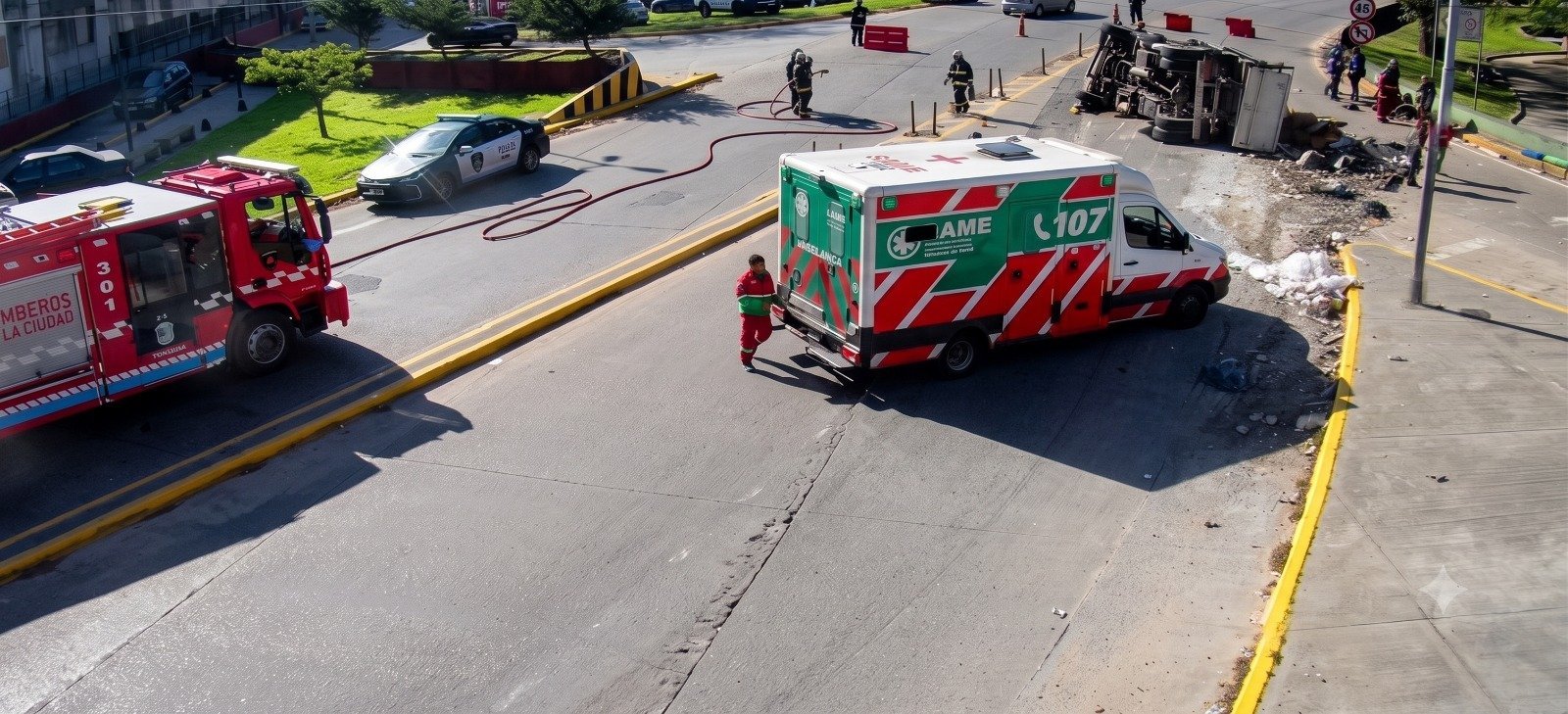 Vuelco de camión en la intersección de Pinzón y Almirante Brown: un hombre trasladado al Hospital Argerich